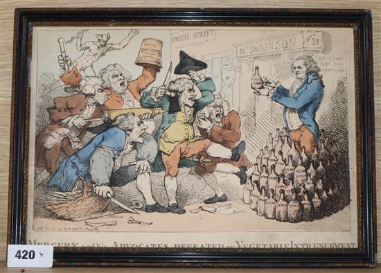 Thomas Rowlandson coloured engraving, Mercury and his Advocates Defeated as Vegetable Intrenchment (Isaac Swainsons Venerial Cure) 1